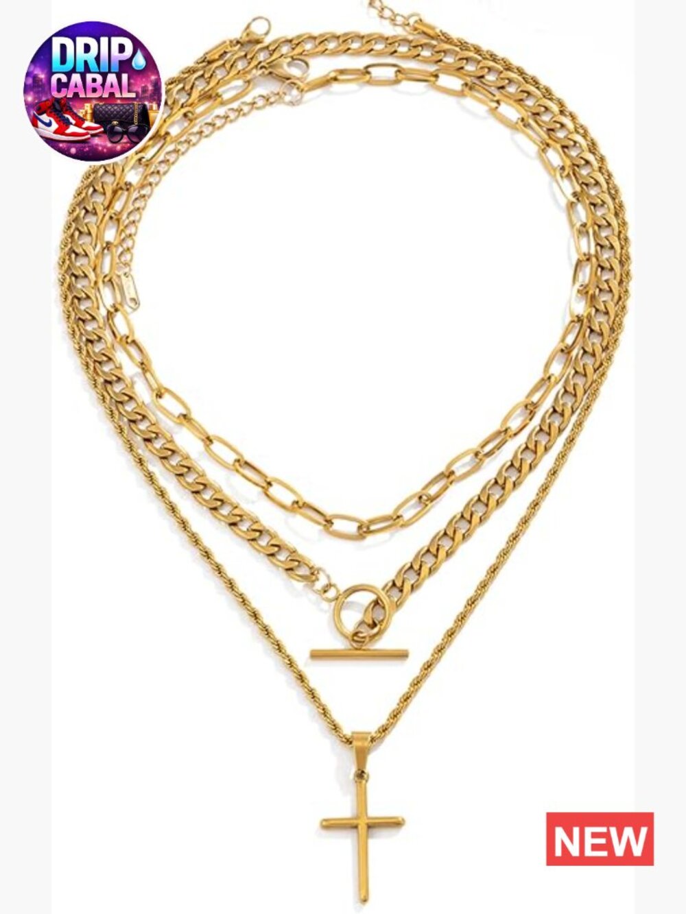3-Piece Layered Cross Necklace Set, 18K Gold Plated Stainless Steel